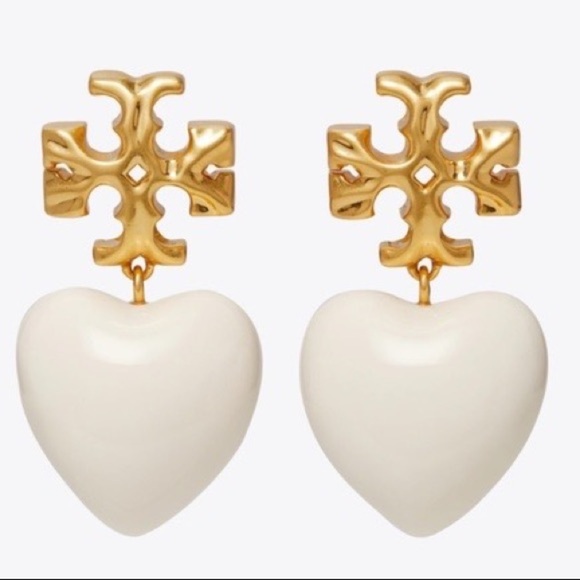 🆕 Tory Burch Roxanne Gold-Tone & Resin Heart Earrings In Ivory White - Picture 3 of 11